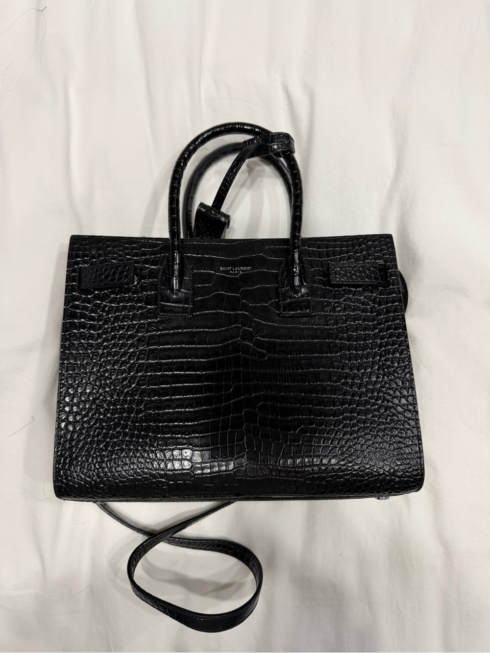 Saint Laurent YSL Black Croc-Embossed Leather Shoulder Bag